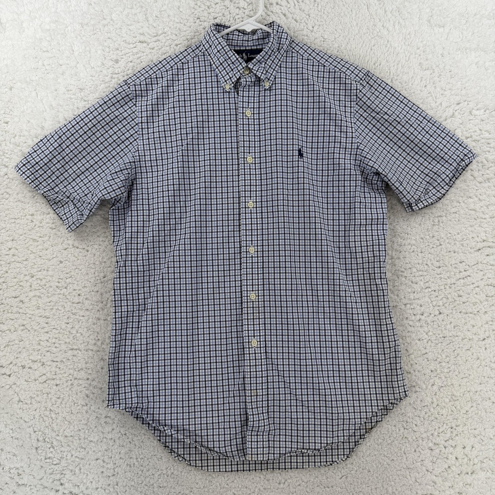 Ralph Lauren Shirt Mens Medium Blue Check Short Sleeve Button Down Pony Logo